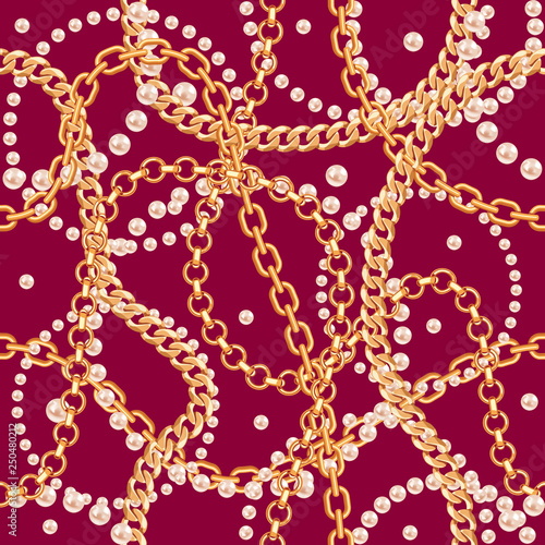 Seamless pattern background with pears and chains golden metallic necklace. On purple red. Vector illustration