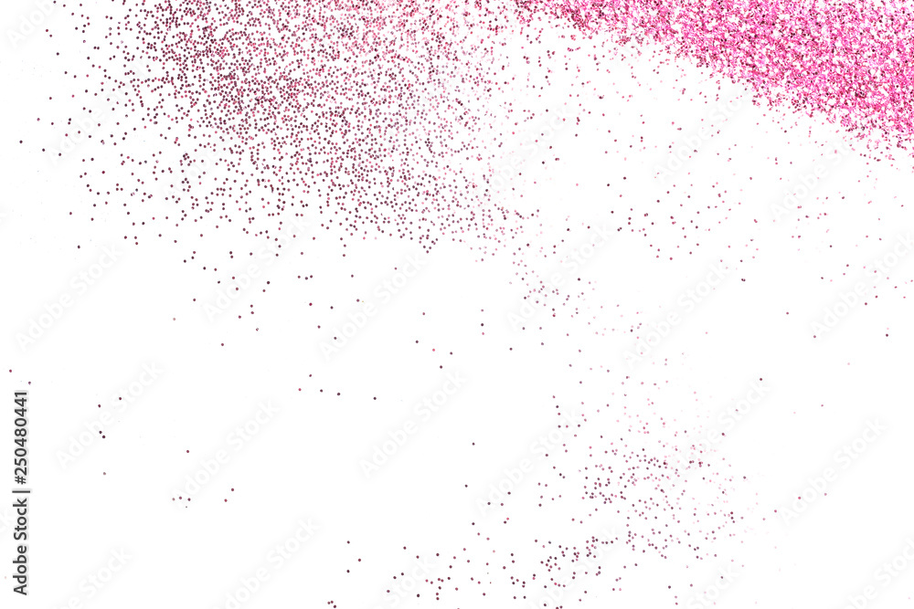 Pink glitter on white background, top view