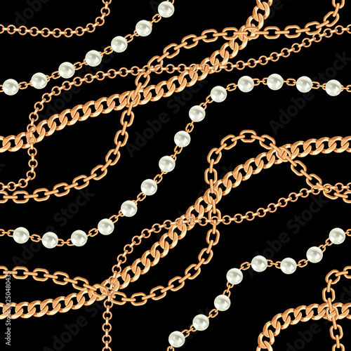Seamless pattern background with pears and chains golden metallic necklace. On black. Vector illustration