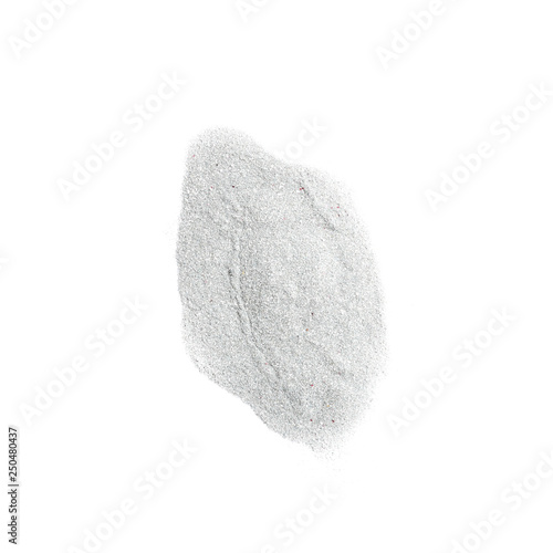 Heap of silver glitter on white background, top view