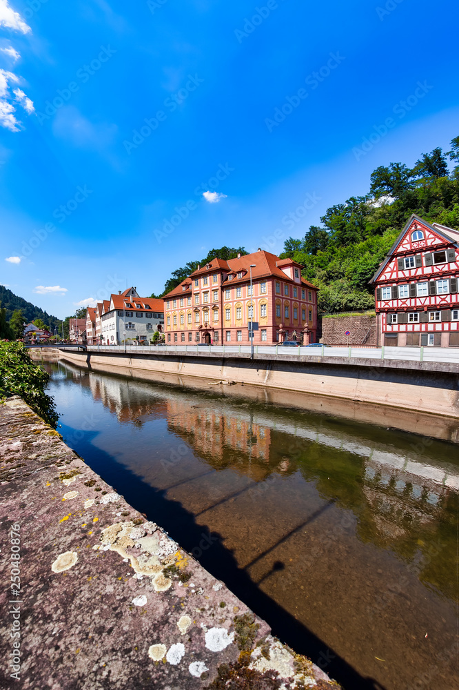 Beautiful half-timbered houses on the Nagold shore in Calw city, Black Forrest