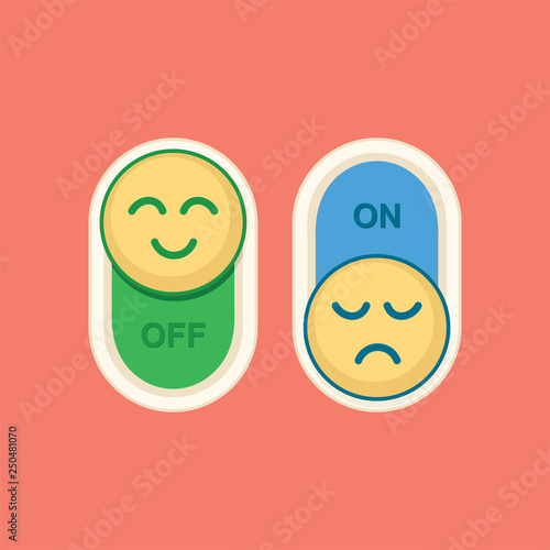 The vector illustration the switched-on switch laughs, switched off longs. Set of two vector icons. Flat design. The color drawing in children's style.