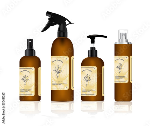 Realistic brown bottle for cosmetic cream container.  Spray bottle. Tube for ointment, lotion, balsam.  Mock up bottle. Gel, balsam,  liquid  soap, with design label. Soap pump bottle.  Cosmetic produ