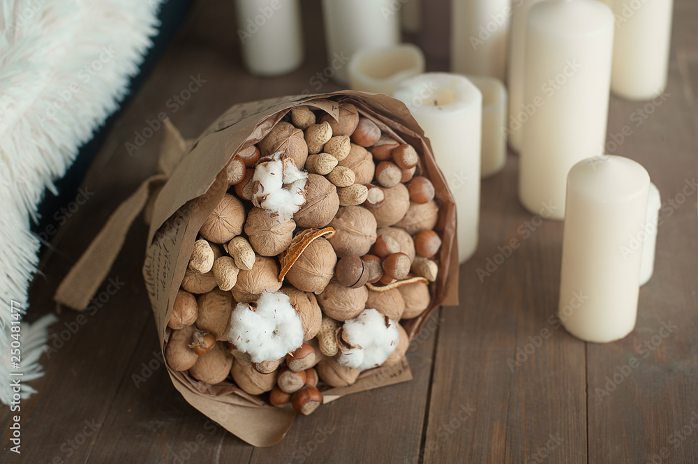 hand made bouquet nuts and cotton eco style