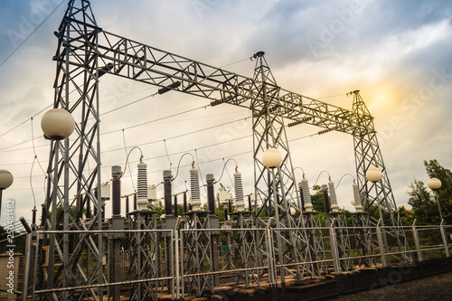 High voltage transformers and electric converters equipment in switchyard of hydroelectric power plant at Pak Mun Dam, a run-of-river hydroelectricity in Ubon Ratchathani Province, Thailand.