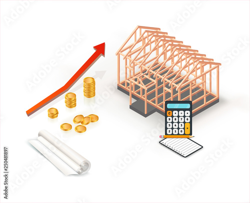 Isometric real estate property sale or investment concept with graph. Timber frame house building with blueprint. Vector illustration