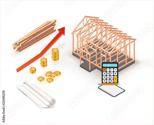 Modern isometric house construction with stacks of gold coins in property investment. Building construction budget growth design with red graph. Vector illustration..
