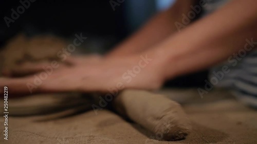 preparation of clay for sculpture in the workshop