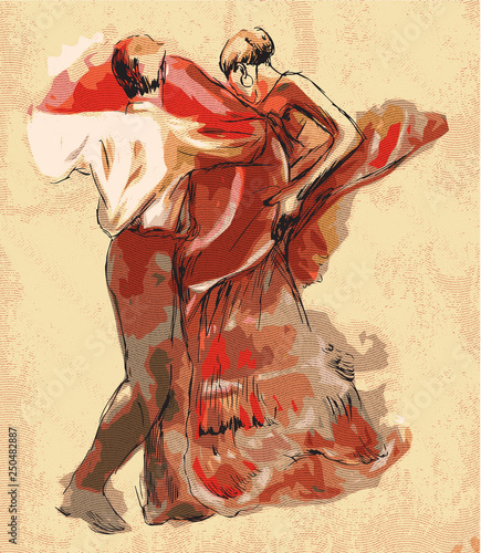 Spanish dancers. An hand drawn vector illustration. Engraving.