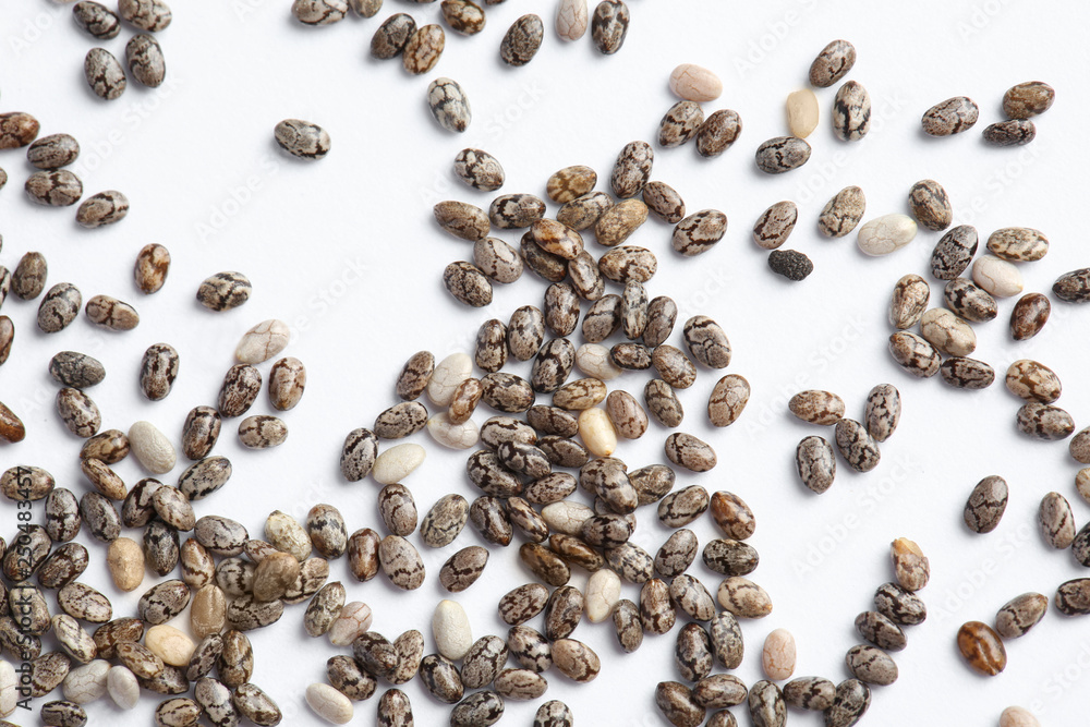 Chia seeds isolated on white, top view Chia seeds isolated on white, top view