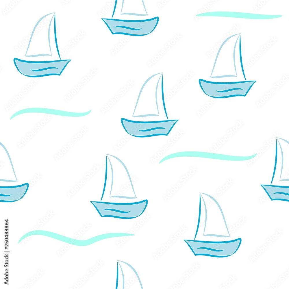 Sailing boats on the sea, seamless pattern drawing