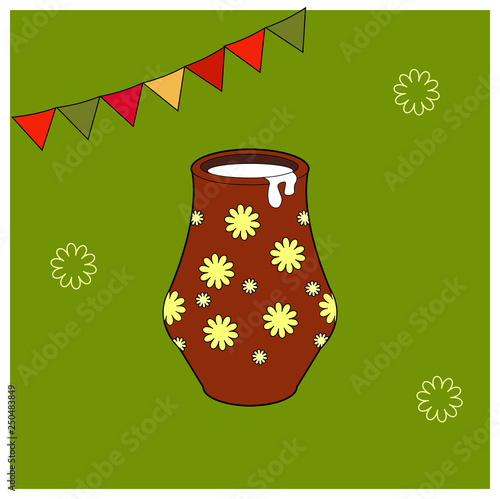Card with milk. Clay jug with floral yellow ornament. kitchenware symbols of the spring holiday Shrovetide or Maslenitsa. Isolated on white background. vector