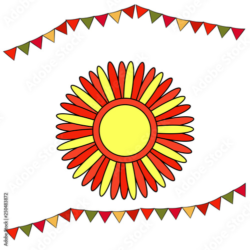 Shrovetide or Maslenitsa. Stylized sun with red and yellow rays. Elements Russian national holiday. Educational cards or greeting cards. fair attributes Vector illustration