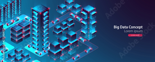 Smart city. Isometric big data concept, database.  Abstract technology background. Vector illustration