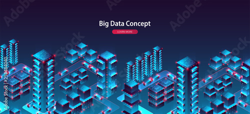 Smart city. Isometric big data concept, database.  Abstract technology background. Vector illustration