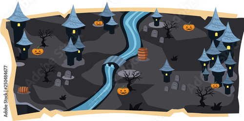 Bilde på lerret Halloween 2D Game Maps and black land with Castle, Graveyard, River, Orange Pump