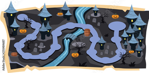 Halloween 2D Games Maps with Path of stage levels and Black Land Castle, Graveyard, River, Pumpkins with scary tree for Cartoon Vector Illustration