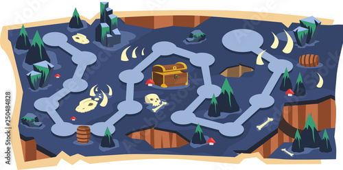 Foto Deadly Cave 2D Game Maps with Path and Purple land with Bone, Skull, Fossil Dino