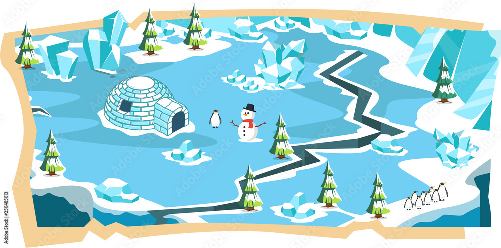 Snow Landscape 2D Game Maps and Soft Blue Ice Land, Snow House, Penguin, Ice Beam and Spruce Trees Platformer Vector Illustration Snow Landscape 2D Game Maps and Soft Blue Ice Land, Snow House, Penguin, Ice Beam and Spruce Trees Platformer Vector Illustration