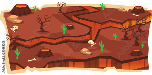 Bilde på lerret Volcano Magma 2D Game Maps and Earthquake Land, Skull, Bone, Lava, Cactus, Dry B