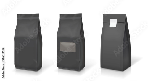 Set of blank black foil food set. Paper sachet bag packaging for coffee or tea collection