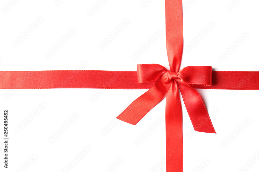 Red ribbon with bow on white background. Festive decoration Red ribbon with bow on white background. Festive decoration