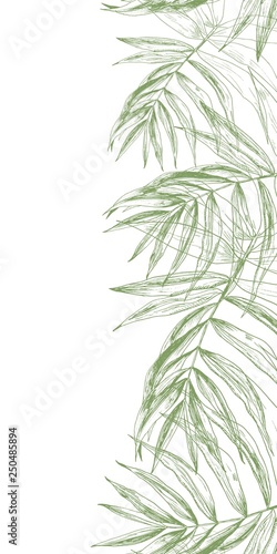 Vertical summer jungle seamless background with a border made of green tropical palm leaves and place for text. Seasonal hand drawn in ink realistic engraving like vector illustration.
