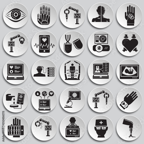 Future medicine icons set on plates background for graphic and web design, Modern simple vector sign. Internet concept. Trendy symbol for website design web button or mobile app