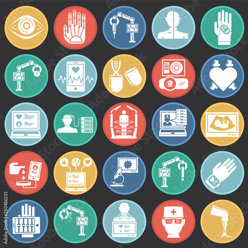 Future medicine icons set on color circles black background for graphic and web design, Modern simple vector sign. Internet concept. Trendy symbol for website design web button or mobile app