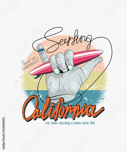 slogan and hand (gesture - Shaka) on the topic of surfing for t-shirts, clothes and other things