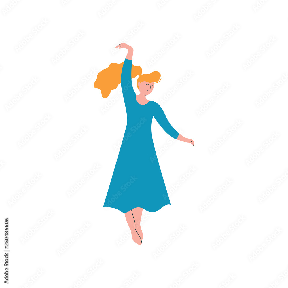 Beautiful Girl Dancing Wearing Blue Long Dress, Female Dancer Character Vector Illustration Beautiful Girl Dancing Wearing Blue Long Dress, Female Dancer Character Vector Illustration