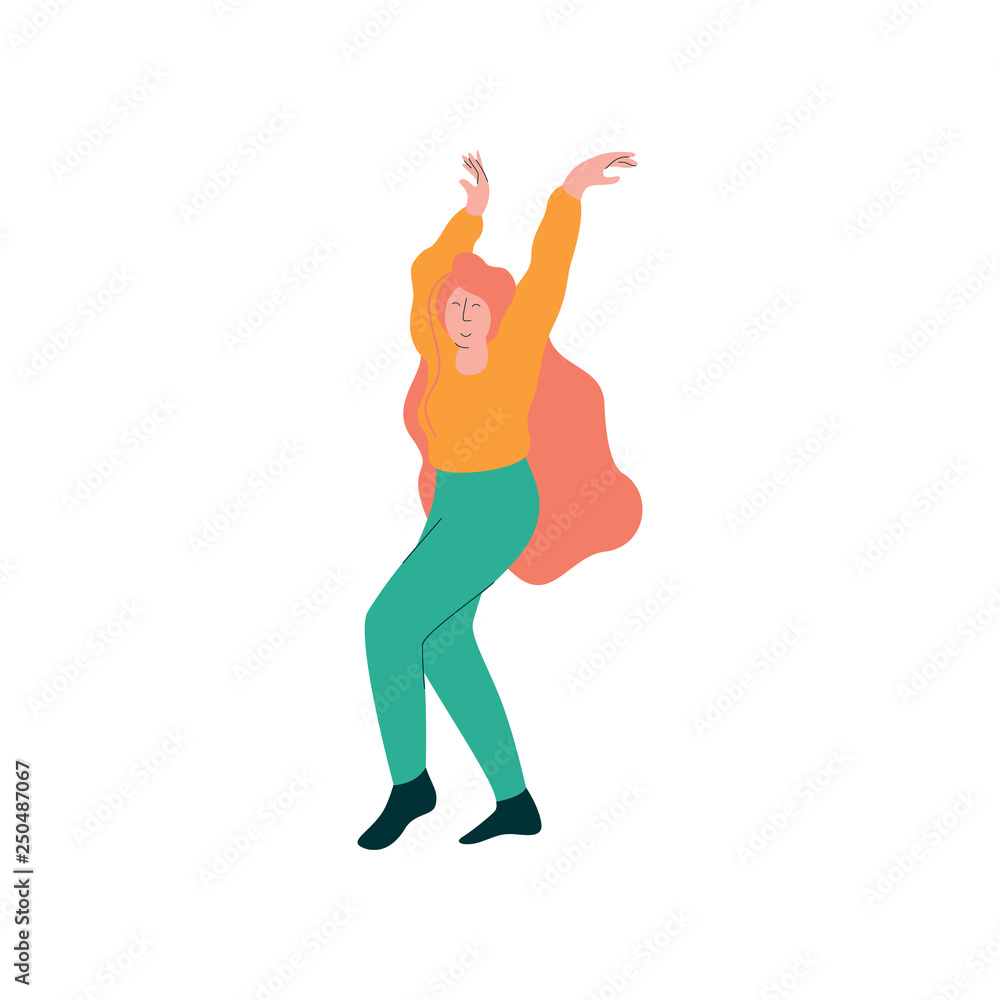 Fototapeta premium Beautiful Young Woman Dancing Wearing Casual Clothes, Female Dancer Character Vector Illustration