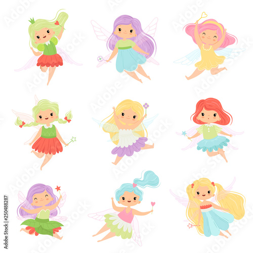 Cute Little Fairies in Colorful Dresses set, Beautiful Winged Flying Girls Vector Illustration