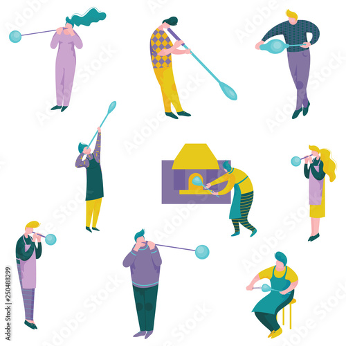 Glassblowers set, Man and Woman Blowing Glass Vessels, Craft Hobby or Profession Vector Illustration
