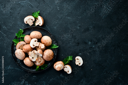 Mushrooms in a plate. Champignons on the old background. Top view. Free copy space. photo