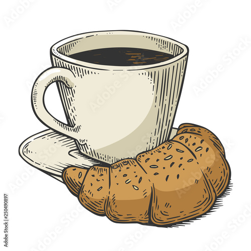 Fastfood coffee and croissant color sketch engraving vector illustration. Scratch board style imitation. Black and white hand drawn image.