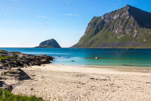 Haukland beach and mountains in Lofoten in Norway