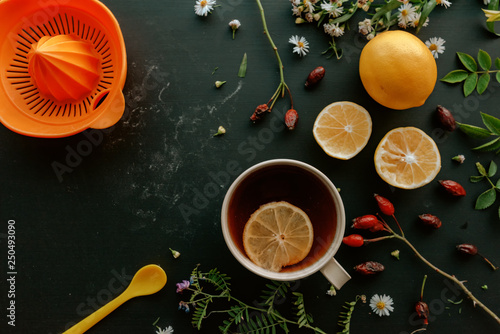 Rosehip herbal tea flat lay top view