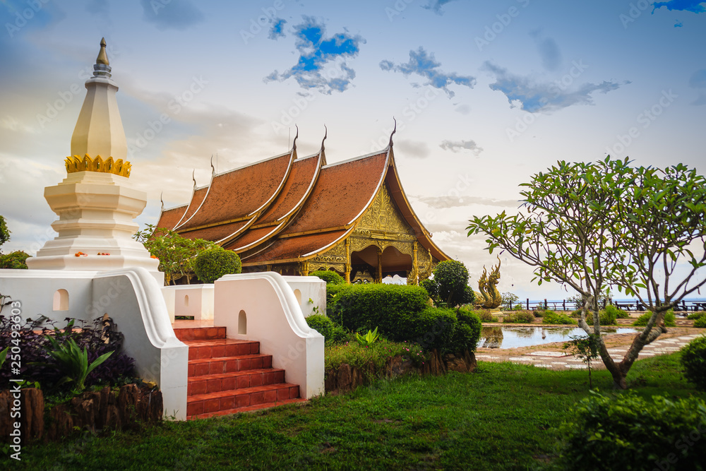 Beautiful landscape and architecture at Wat Sirindhorn Wararam Phu Prao, public temple in Ubon Ratchathani, Thailand, nearby Chong Mek border.