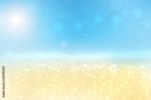 Abstract beach background. Abstract bright tropical sand beach with sun and blue sky and waves on ocean. Backdrop for summer holidays and travel advertising.