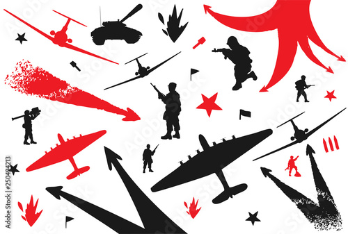 War conflict in the retro style. Military set
