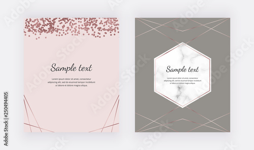 Marble design cards with rose gold geometric polygonal lines, confetti. Trendy templates for banner, flyer, poster, save the date, greeting