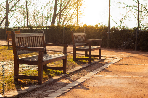 Autumn road with benches in the city park at sunrise. Brno czech republic.