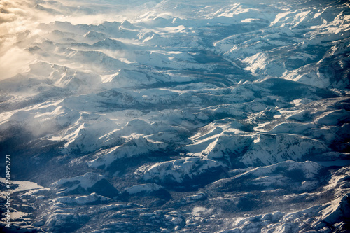 Aerial view of the Sierra Nevada mountains of California taken during the record setting snowfall of 2019.