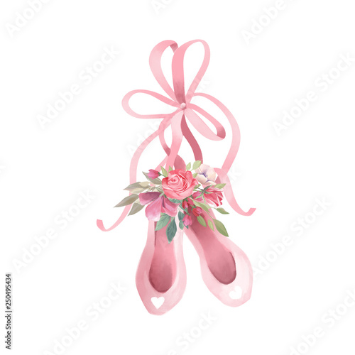 Cute pink watercolor ballet shoes with tied bow and rose