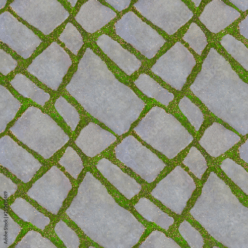 Seamless texture of green grass between the road tiles. Green grass grow between the tiles of the walkway. The concept of harmonious fusion of the city and nature. 4 fragments in one frame