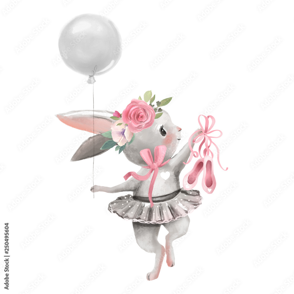 Fototapeta Cute ballerina, ballet girl baby bunny with flowers, floral wreath in a ballet dress with balloon and shoes