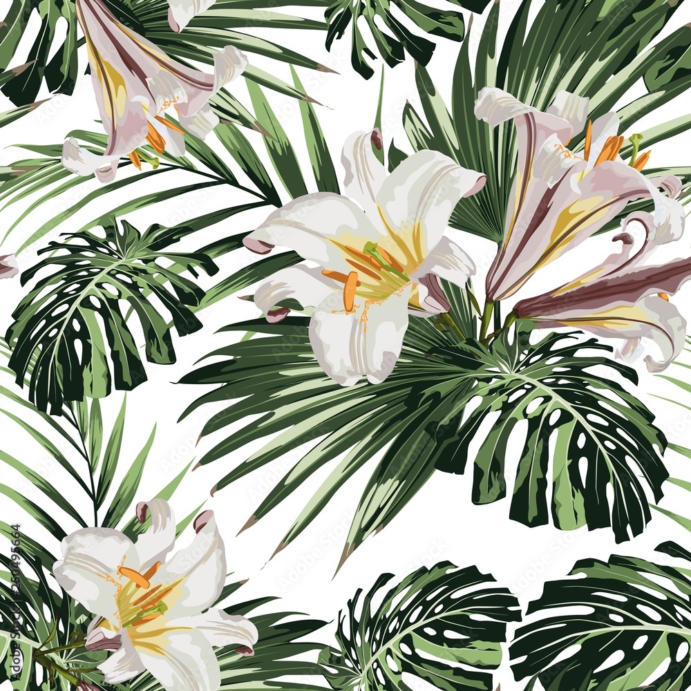 Tropical jungle plants, royal lilies flowers and palm monstera leaves on white background. Beach seamless pattern.