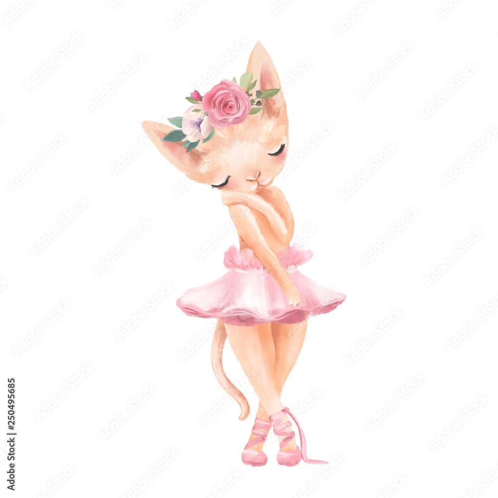 Cute ballerina, ballet girl baby kitten, cat with flowers, floral