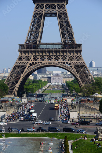 PARIS, FRANCE - MAY 5, 2018: View from Trocadero of Jena Bridge (Pont d'Iena, 1814) and Eiffel Tower on the Left Bank of River Seine.